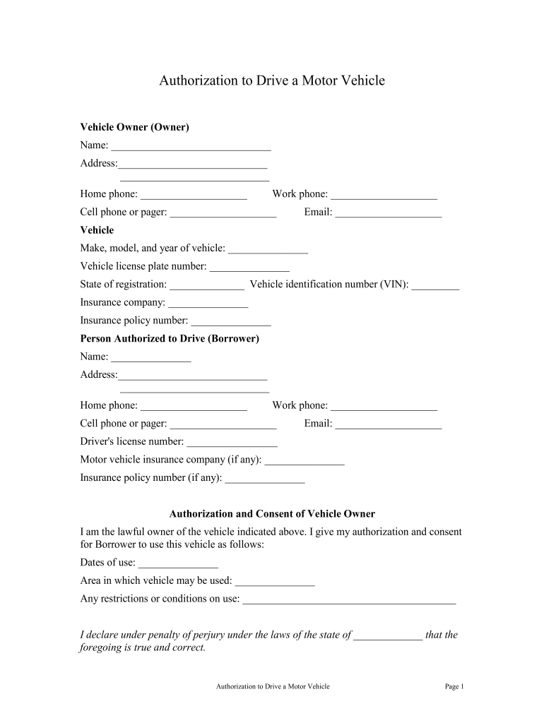 Vehicle Authorization Letter PDF Form